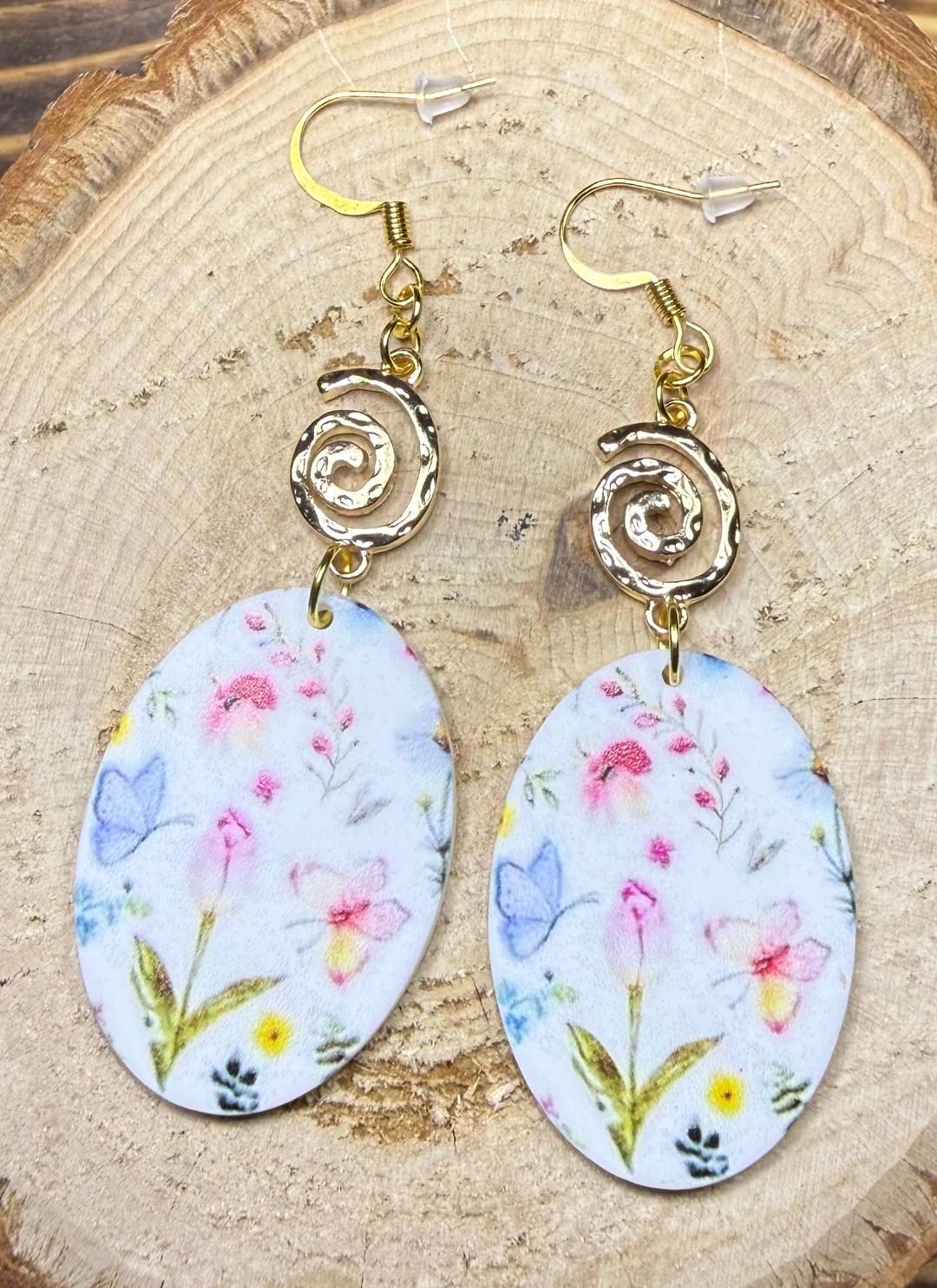 NEW Oval Acrylic Floral Butterfly Charm Earrings w/ Gold Swirls