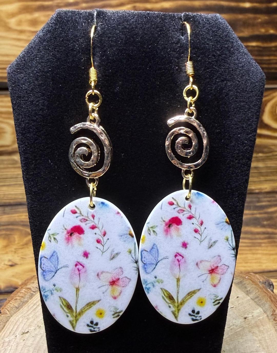 NEW Oval Acrylic Floral Butterfly Charm Earrings w/ Gold Swirls