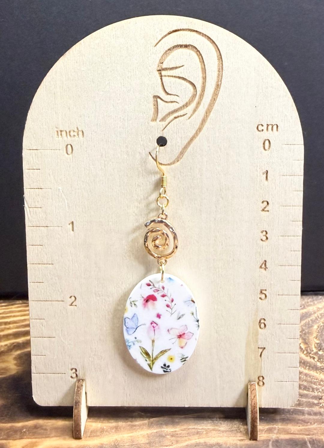 NEW Oval Acrylic Floral Butterfly Charm Earrings w/ Gold Swirls