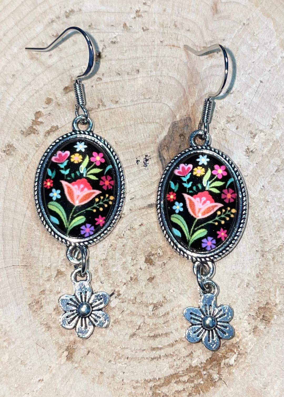 NEW Oval Floral Glass Dome Pendant & Flower Charm Earrings