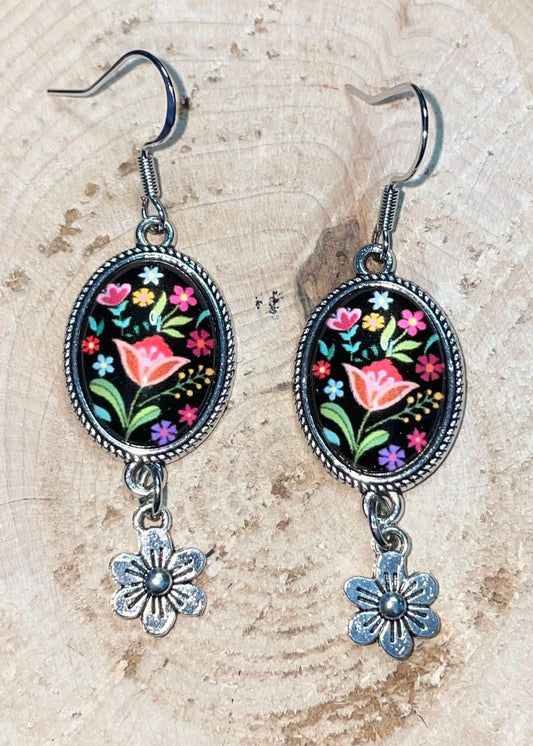NEW Oval Floral Glass Dome Pendant & Flower Charm Earrings