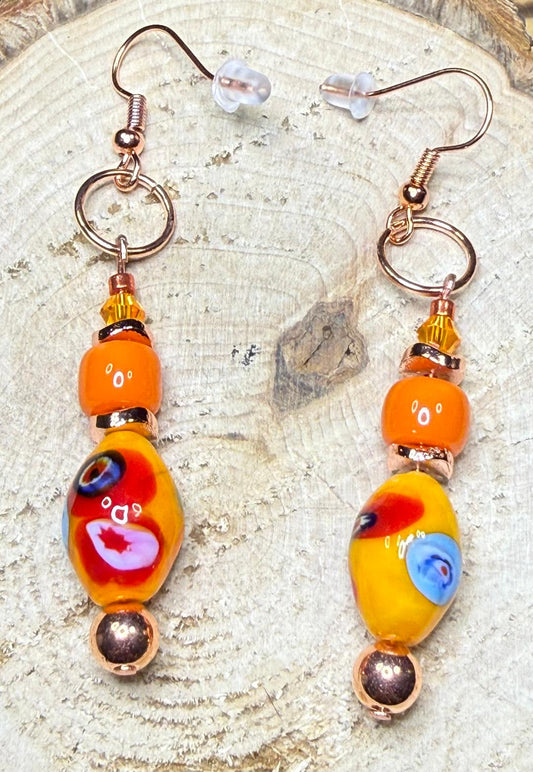 NEW Brightly Colored Lampwork Mexican Style Bead Earrings w/ Amber Glass Beads