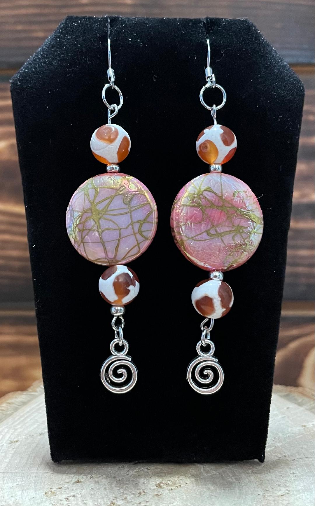 NEW Hippie Boho Large Pale Pink Gold Accented Glass Bead & Swirl Charm Earrings