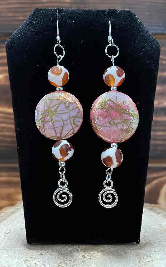 NEW Hippie Boho Large Pale Pink Gold Accented Glass Bead & Swirl Charm Earrings