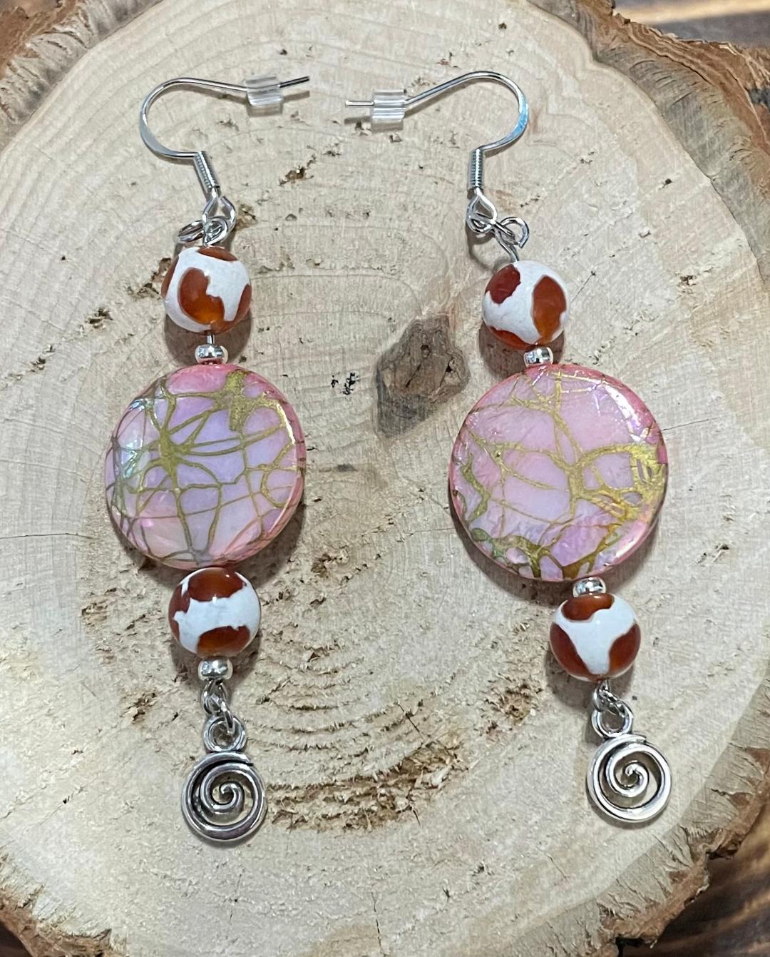 NEW Hippie Boho Large Pale Pink Gold Accented Glass Bead & Swirl Charm Earrings