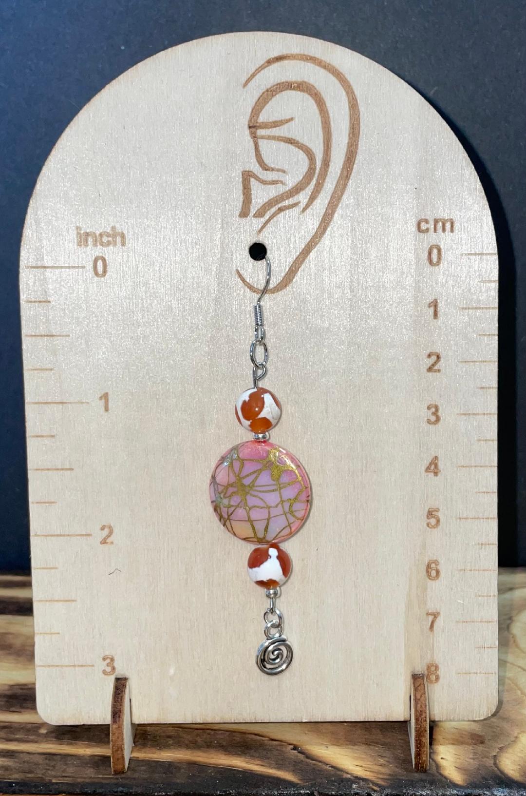 NEW Hippie Boho Large Pale Pink Gold Accented Glass Bead & Swirl Charm Earrings