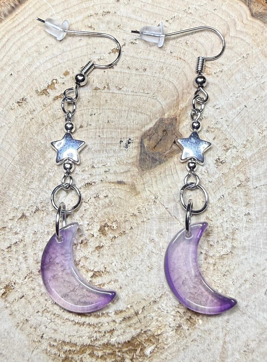 NEW Pale Purple Crescent Moon Earrings w/ Silver Star Beads