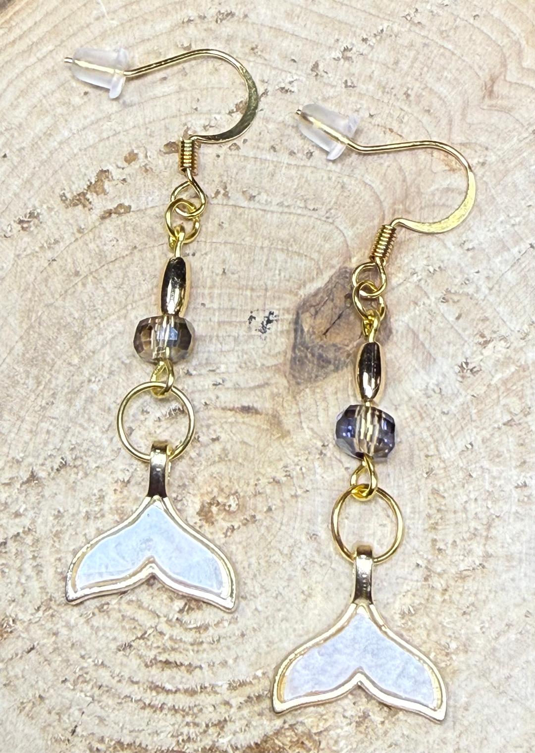 NEW Enamel Pearl White Mermaid Fish Whale Tail Earrings w/ Glass Beads