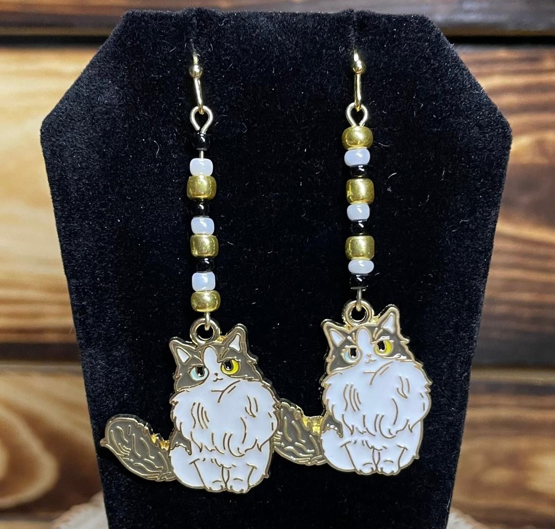 NEW Unique Persian Cat & Beaded Gold Tone Dangle Earrings - Hand Assembled