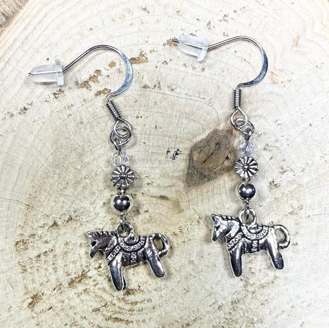 NEW Piñata Horse Earrings w/ Silver Flower & Clear Glass Beads
