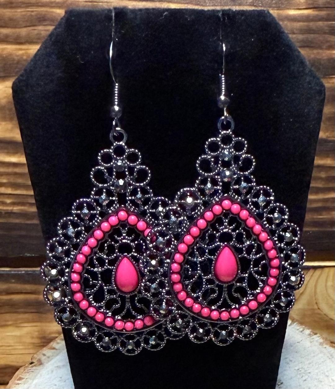 NEW Large Detailed Teardrop Dark Grey Metal Earrings w/ Hot Pink Beading