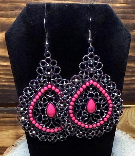 NEW Large Detailed Teardrop Dark Grey Metal Earrings w/ Hot Pink Beading
