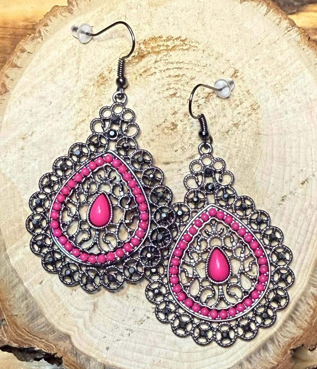 NEW Large Detailed Teardrop Dark Grey Metal Earrings w/ Hot Pink Beading