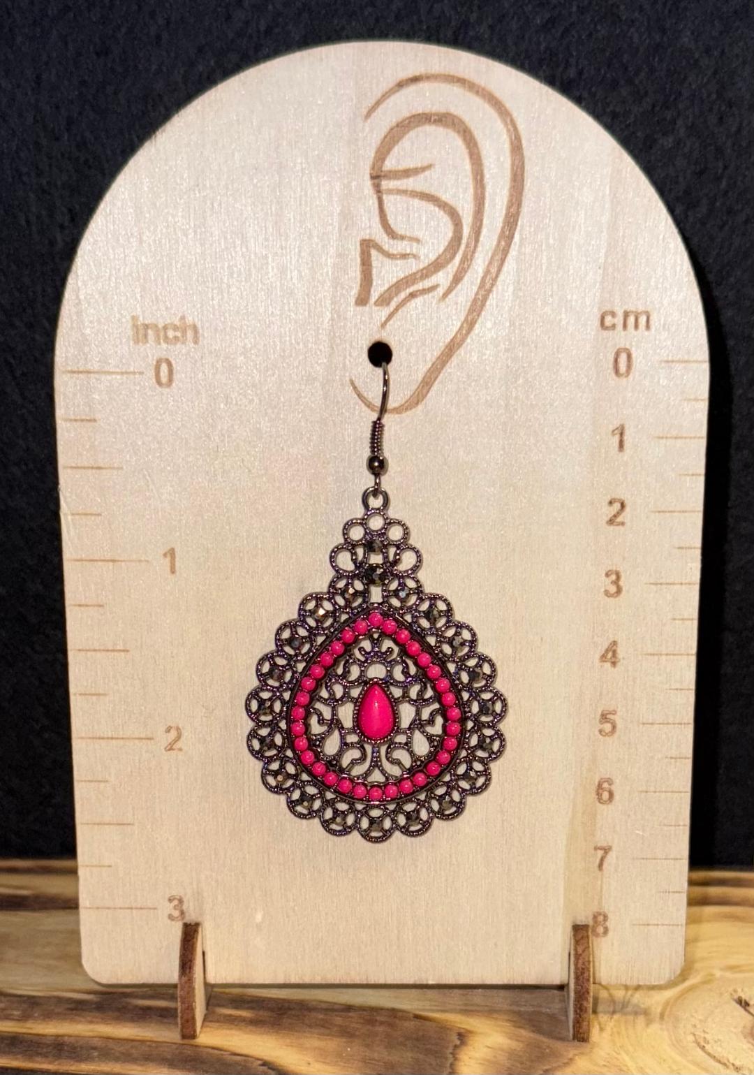 NEW Large Detailed Teardrop Dark Grey Metal Earrings w/ Hot Pink Beading
