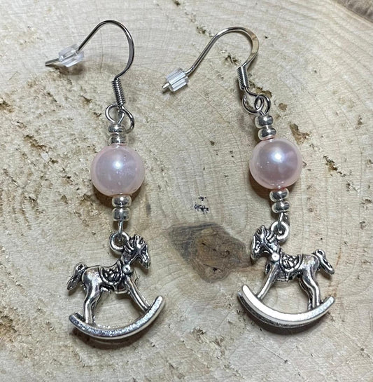 NEW Silver Tone Nursery Rocking Horse & Pink Faux Pearl Bead Earrings