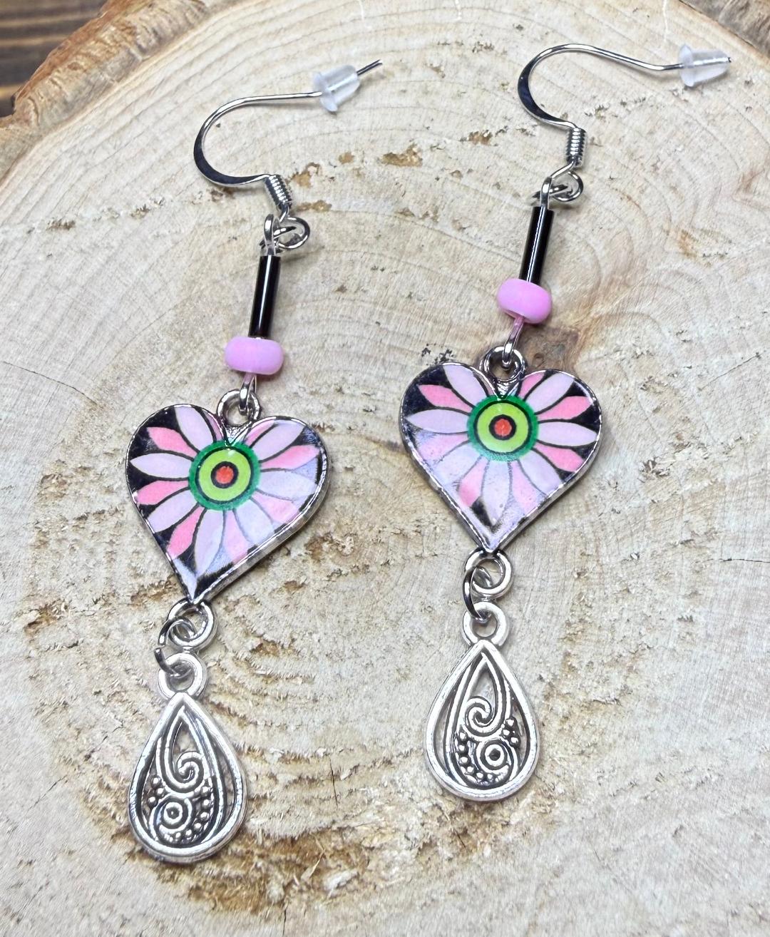 NEW Black & Pink Heart Charm Earrings w/ Filigreen Teardrop Charm