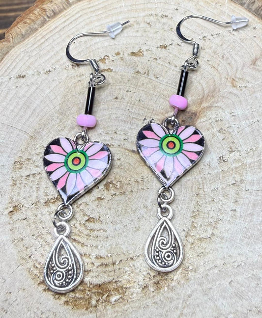 NEW Black & Pink Heart Charm Earrings w/ Filigreen Teardrop Charm