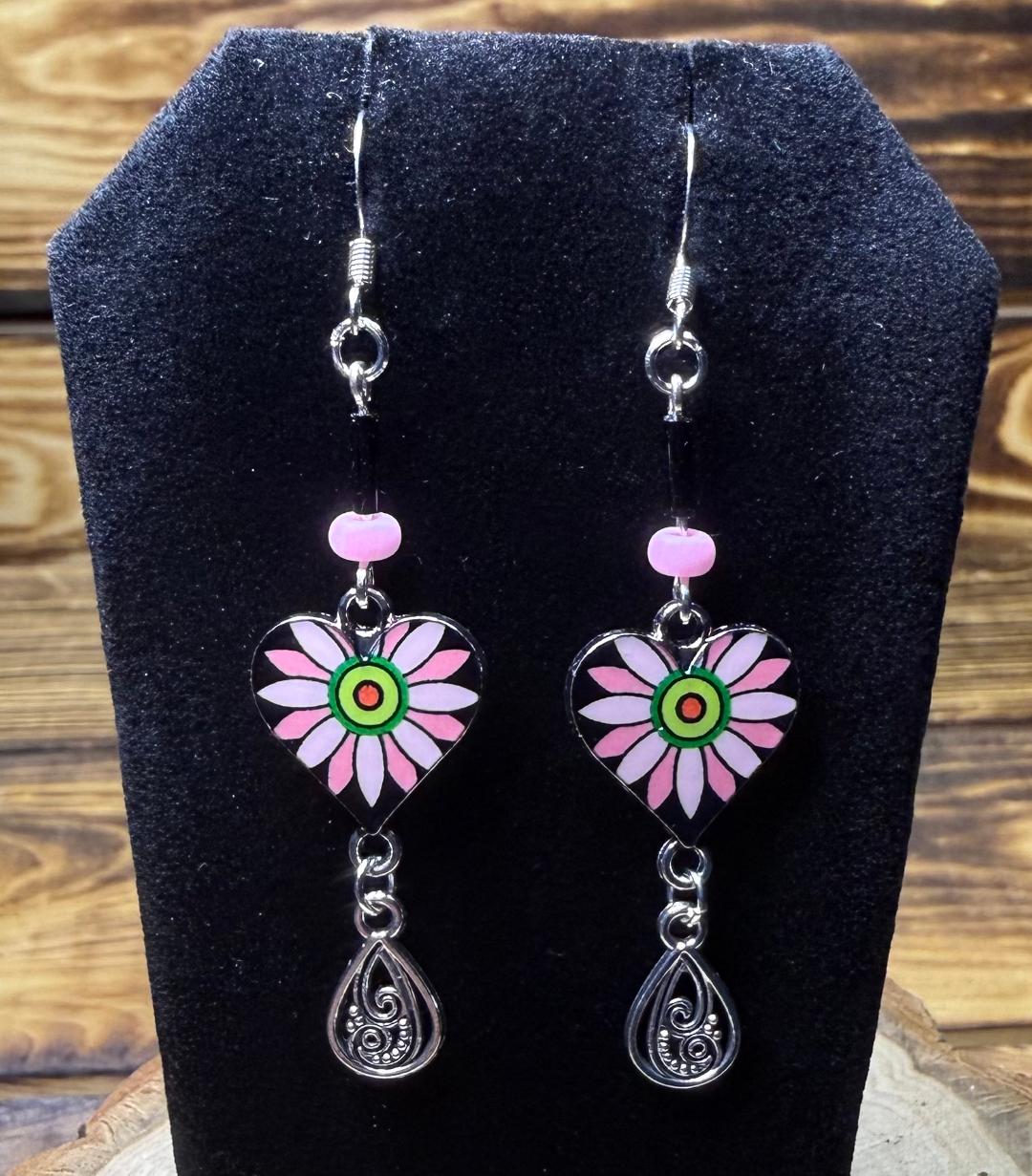 NEW Black & Pink Heart Charm Earrings w/ Filigreen Teardrop Charm