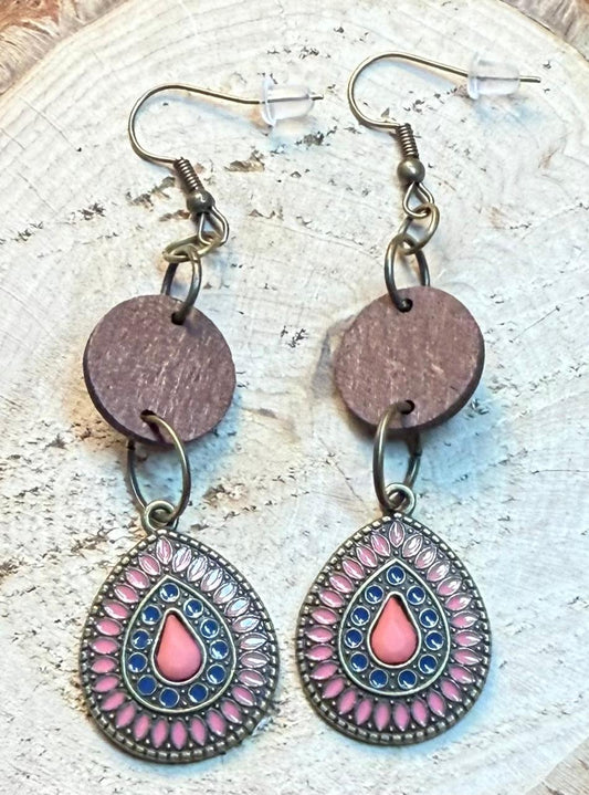 NEW Boho Pink & Blue Enamel Bronze Teardrop Earrings w/ Wood Disks