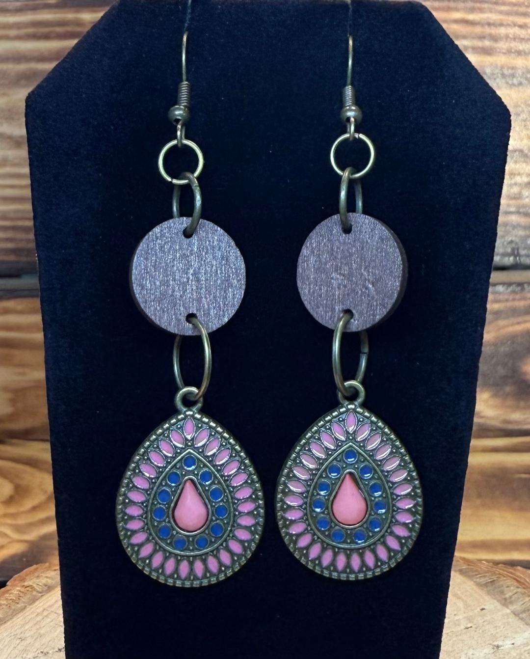 NEW Boho Pink & Blue Enamel Bronze Teardrop Earrings w/ Wood Disks