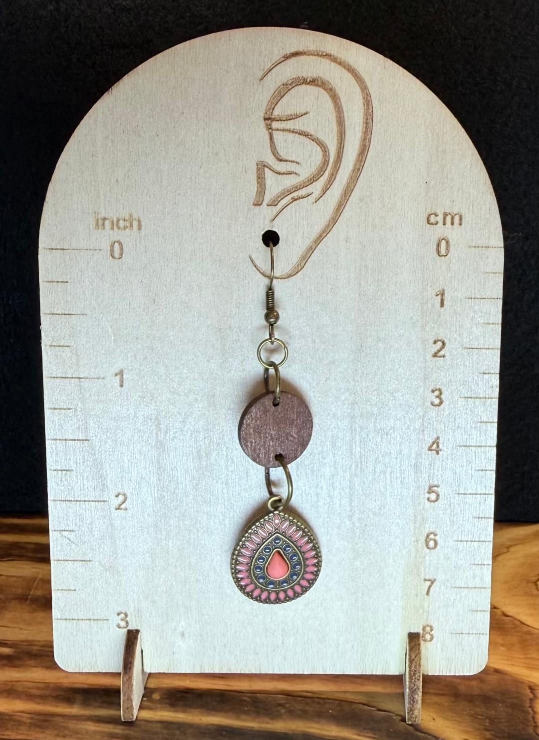 NEW Boho Pink & Blue Enamel Bronze Teardrop Earrings w/ Wood Disks