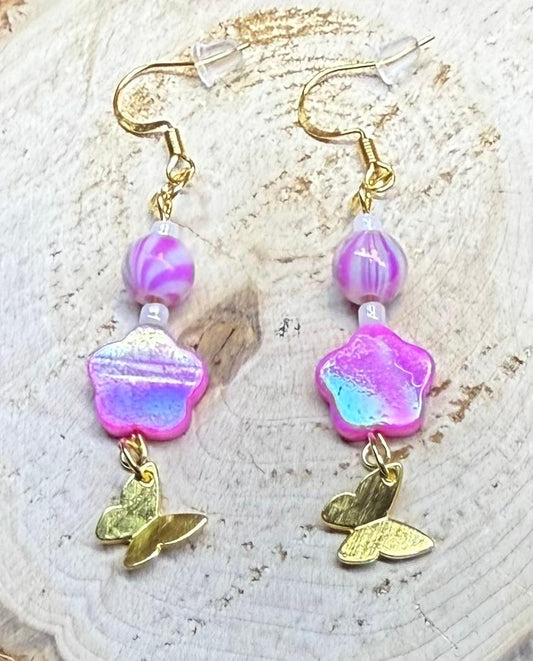 NEW Iridescent Flower Charm Earrings w/ Pink & White Candy Striped Beads