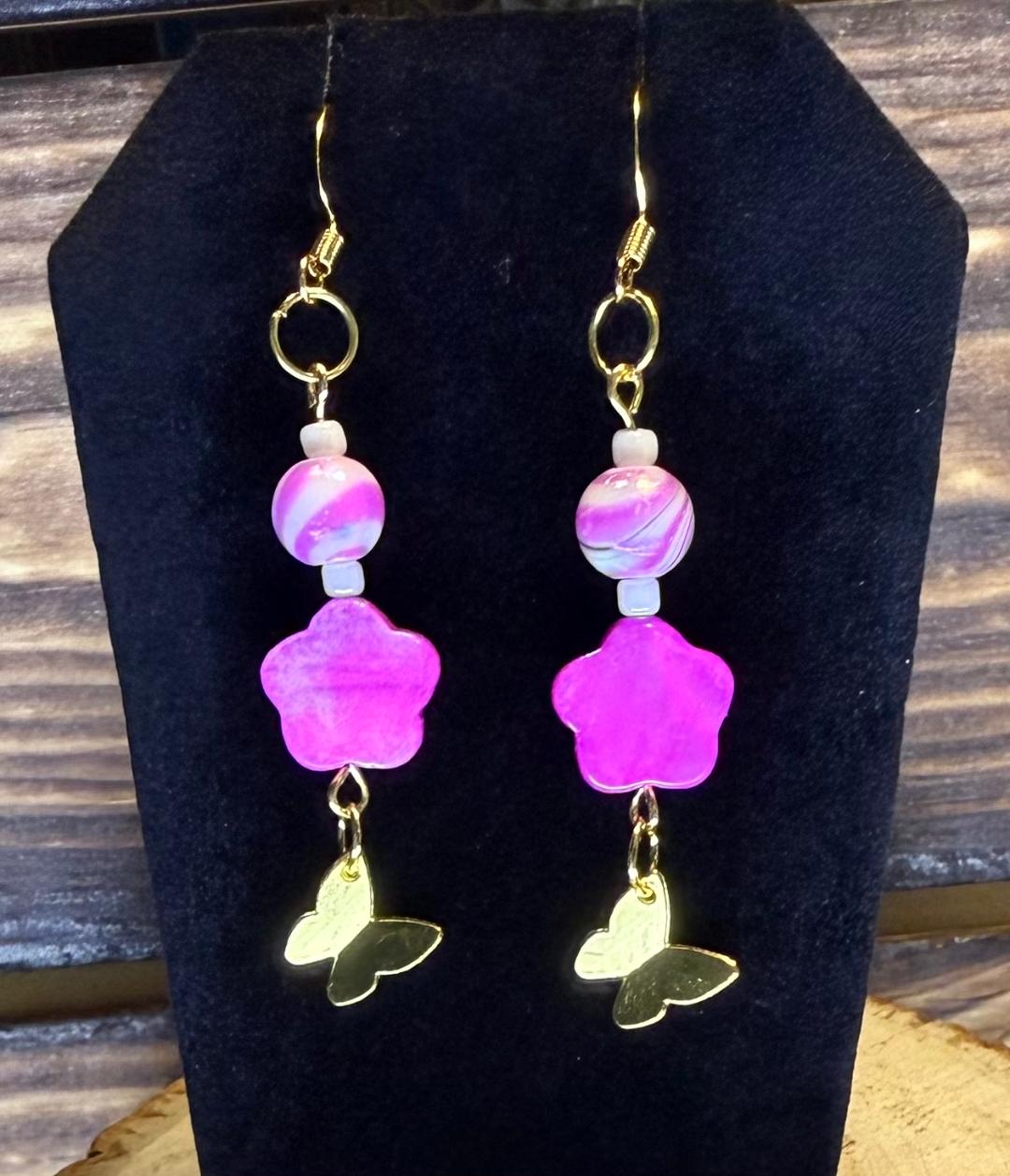 NEW Iridescent Flower Charm Earrings w/ Pink & White Candy Striped Beads