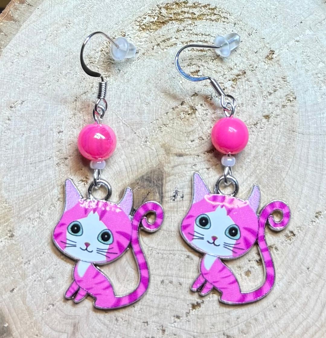 NEW Pink Cartoon Enamel Cat Kitten Earrings & Hot Pink Bead