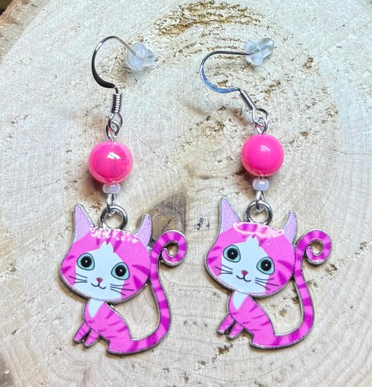 NEW Pink Cartoon Enamel Cat Kitten Earrings & Hot Pink Bead
