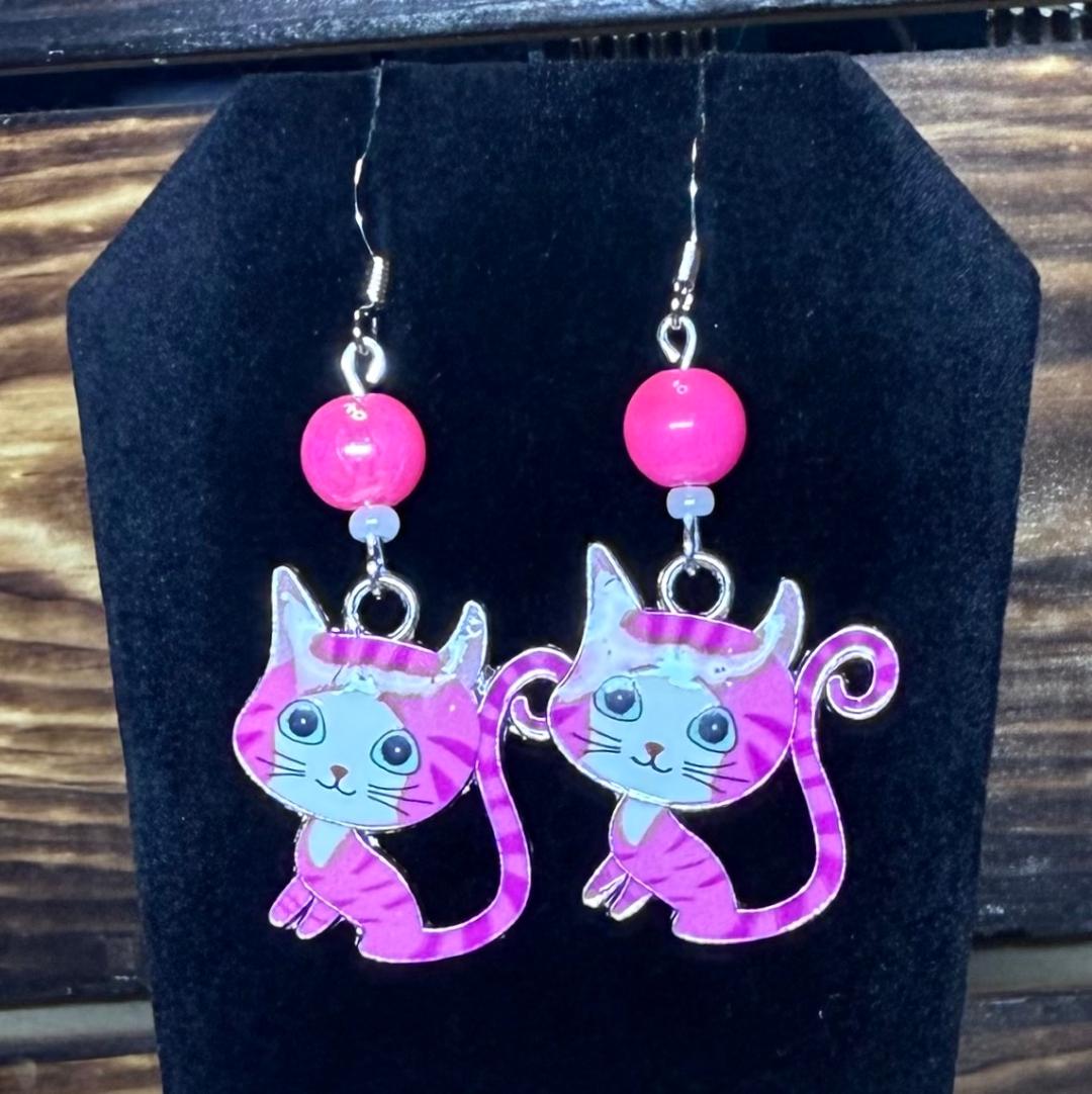 NEW Pink Cartoon Enamel Cat Kitten Earrings & Hot Pink Bead