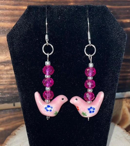 NEW Unique Pink Ceramic Dove / Bird & Hot Pink Beads Earrings
