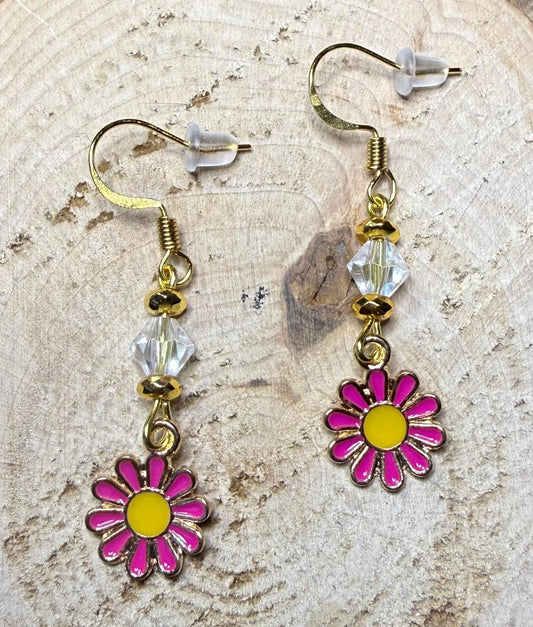 NEW Hippie Pink Daisy Earrings w/ Glasss Faceted Beads