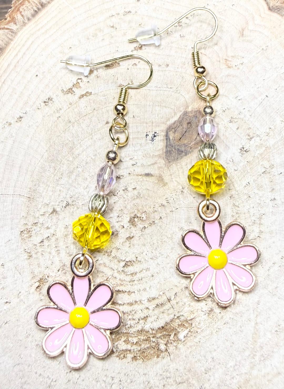 NEW Pink Daisy Earrings w/ Pink & Yellow Glass Beads