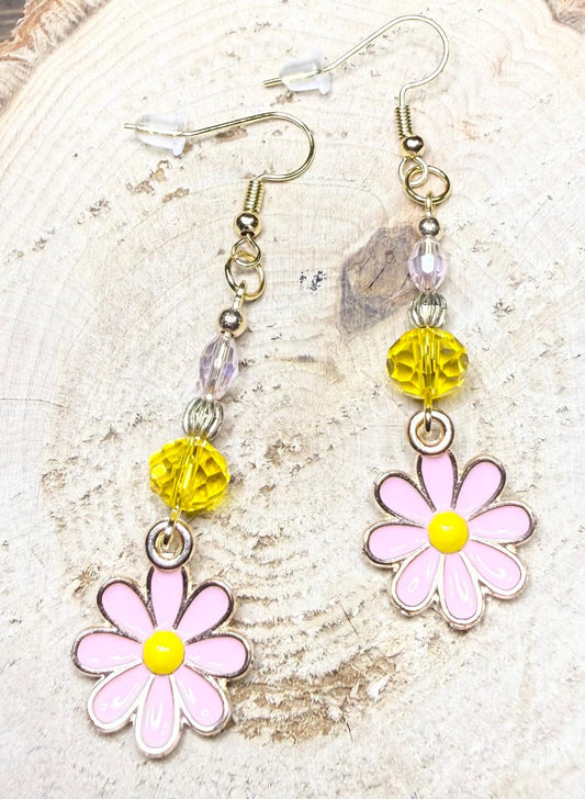 NEW Pink Daisy Earrings w/ Pink & Yellow Glass Beads