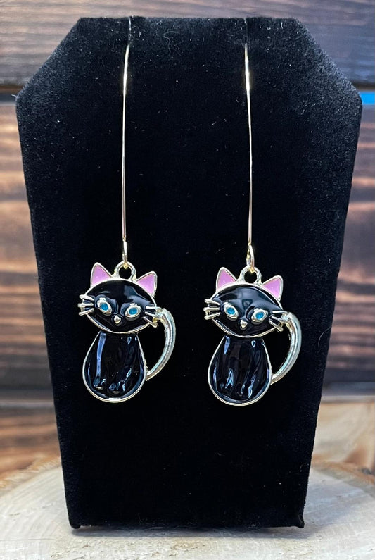 NEW Enamel Black Cat with Pink Ears & French Style Ear Wire Earrings