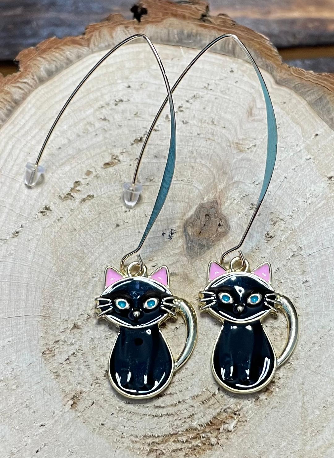 NEW Enamel Black Cat with Pink Ears & French Style Ear Wire Earrings