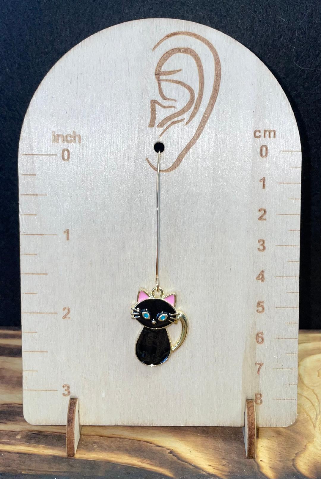 NEW Enamel Black Cat with Pink Ears & French Style Ear Wire Earrings