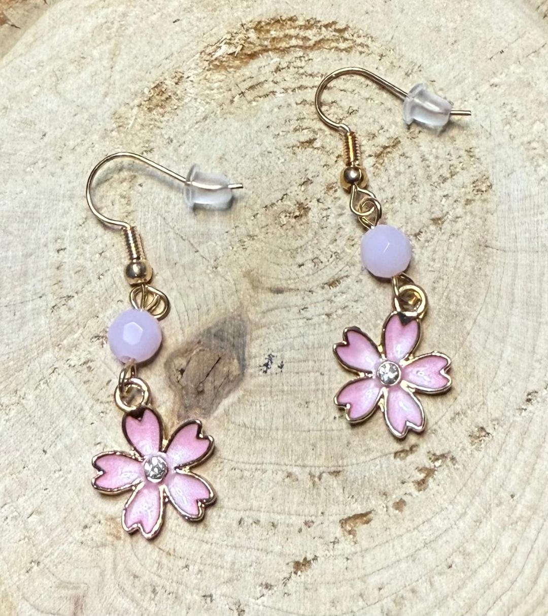 NEW Little Pink Enamel Flower Earrings w/ Rhinestone Center