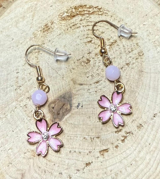 NEW Little Pink Enamel Flower Earrings w/ Rhinestone Center