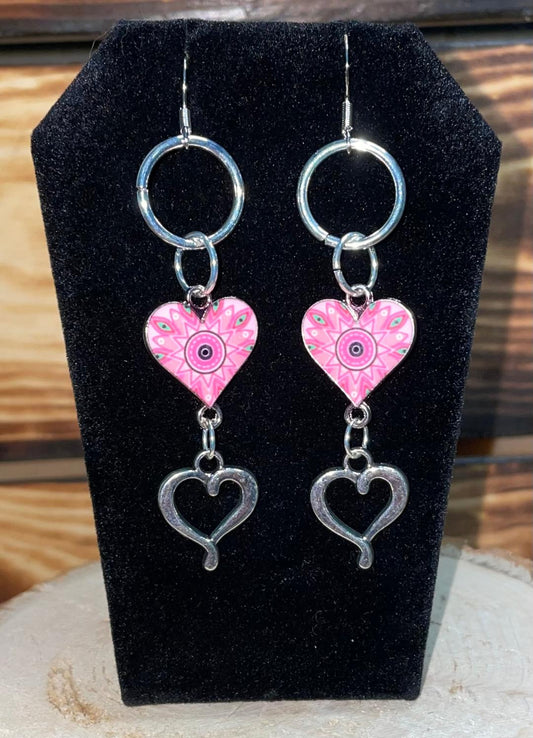 NEW Pink Enamel Heart w/ Hollow Silver Tone Charm Dangle Earrings