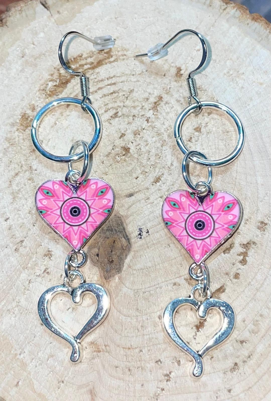 NEW Pink Enamel Heart w/ Hollow Silver Tone Charm Dangle Earrings