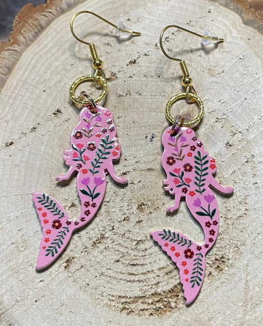 NEW Floral Embellished Pink Enamel Mermaid Silhouette Earrings