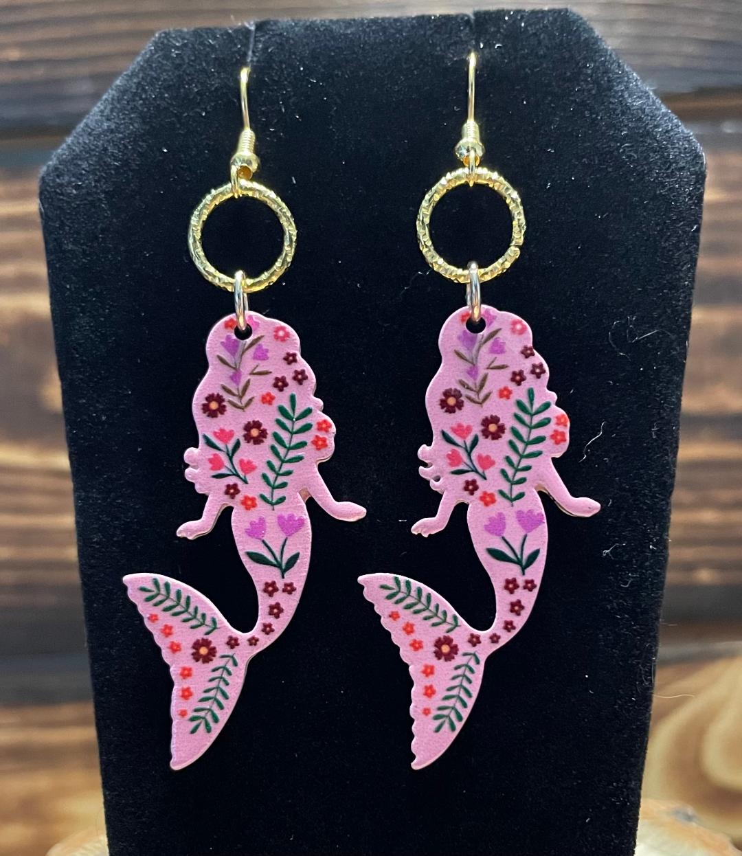 NEW Floral Embellished Pink Enamel Mermaid Silhouette Earrings