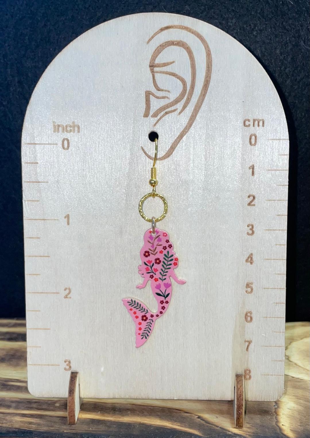 NEW Floral Embellished Pink Enamel Mermaid Silhouette Earrings