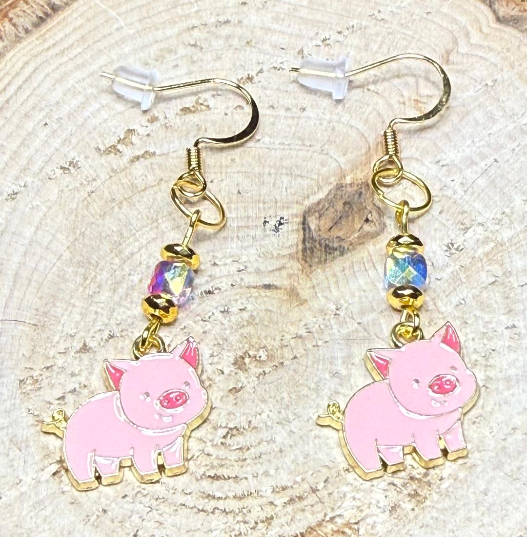 NEW Little Pink Enamel Pig / Piglet Earrings w/ Square Glass Beads