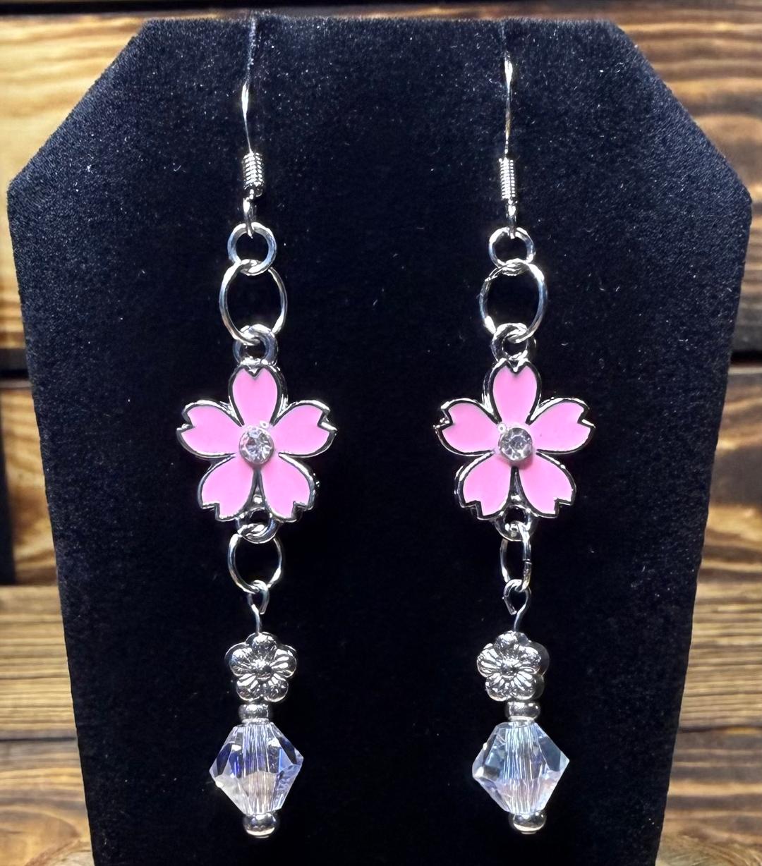 NEW Pink Enamel Flower Earrings w/ Rhinestone Center & Glass Beads