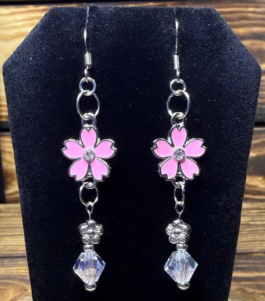 NEW Pink Enamel Flower Earrings w/ Rhinestone Center & Glass Beads