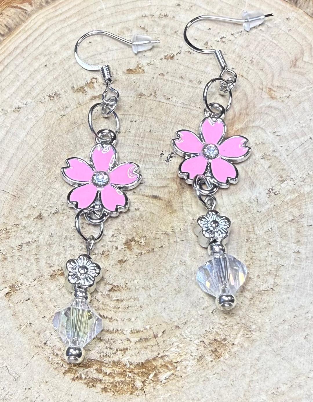 NEW Pink Enamel Flower Earrings w/ Rhinestone Center & Glass Beads