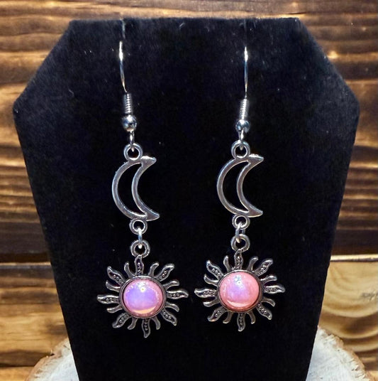 NEW Hollow Moon & Sun Charm w/ Pink Gem Earrings