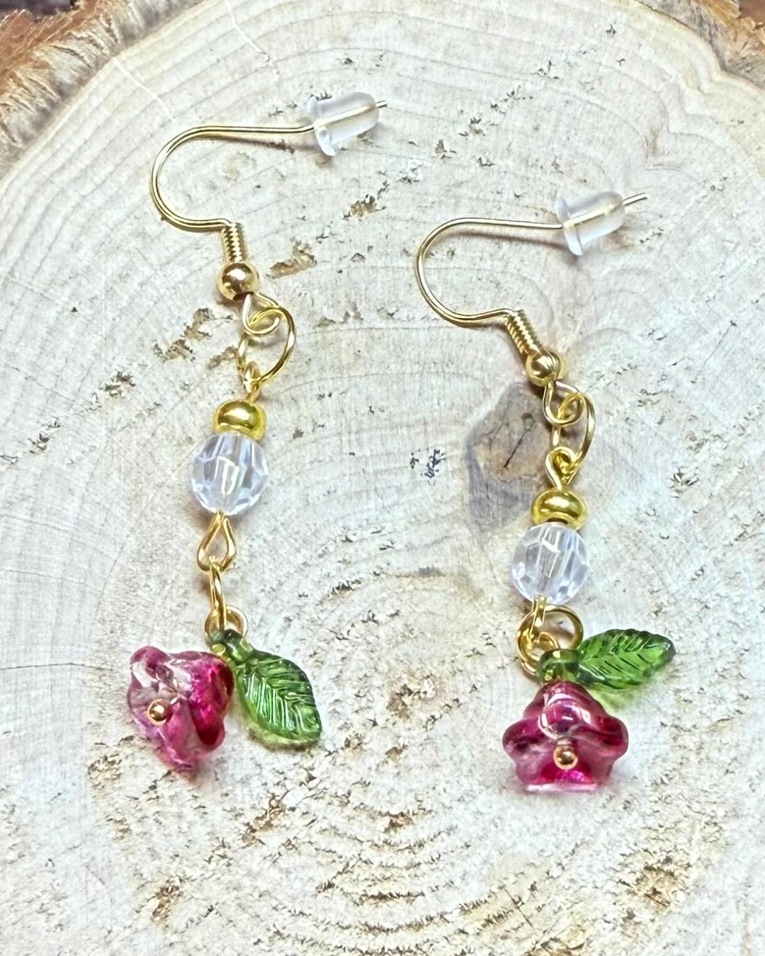 NEW Pink Glass Trumpet Flower Pendant & Bead Earrings